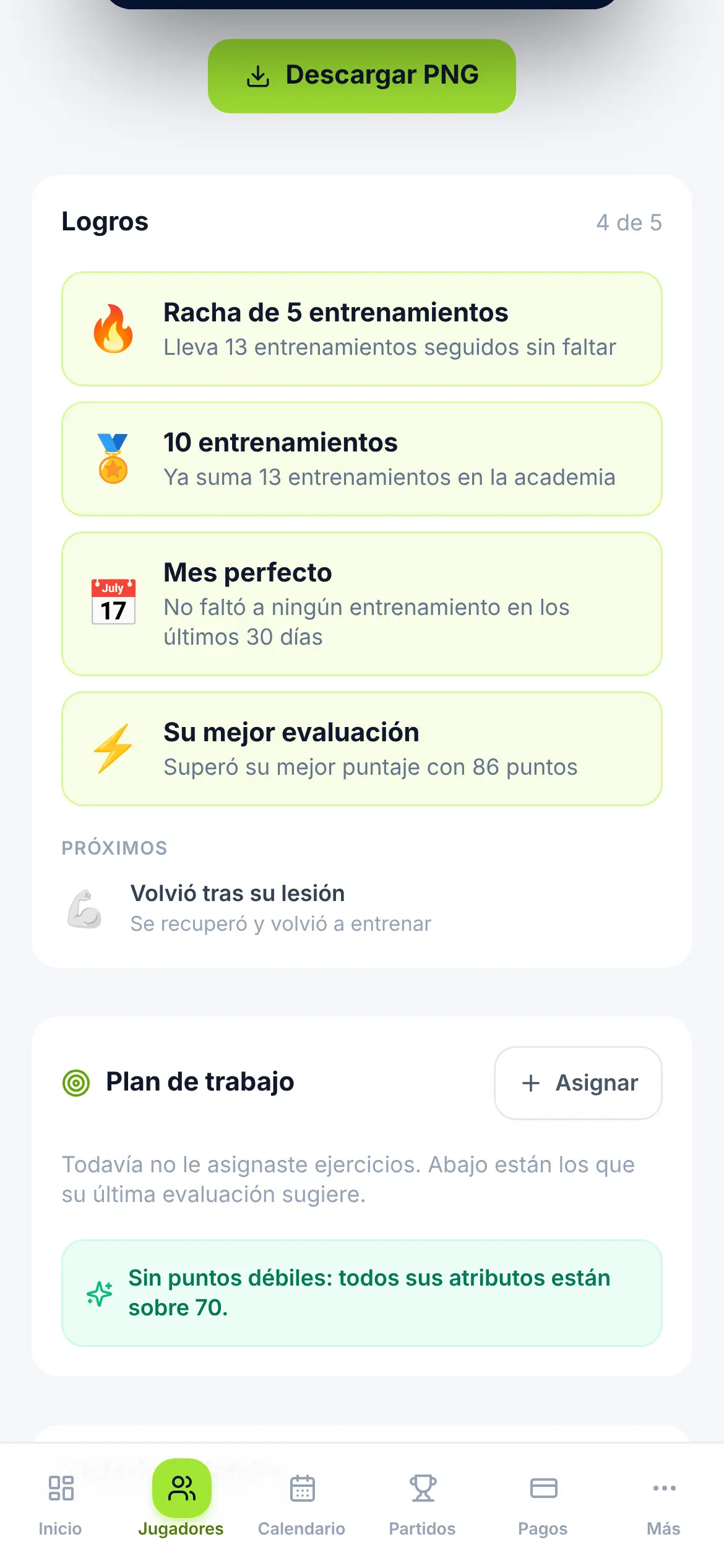 Sección de logros de un jugador: racha de 5 entrenamientos, 10 entrenamientos, mes perfecto y mejor evaluación.